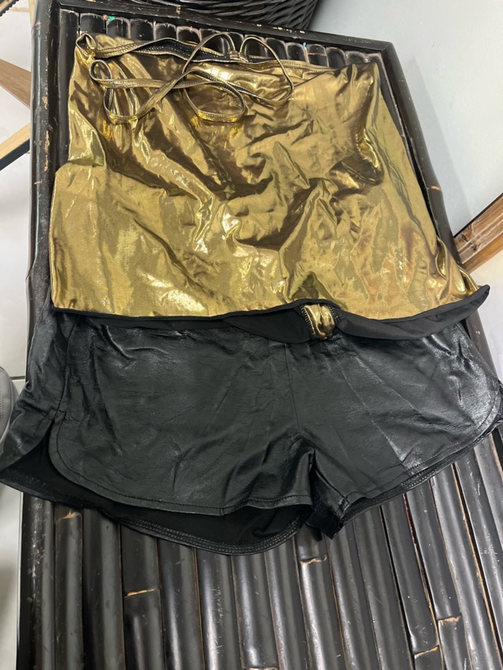 Black Faux Leather Women’s Shorts with Gold Accent